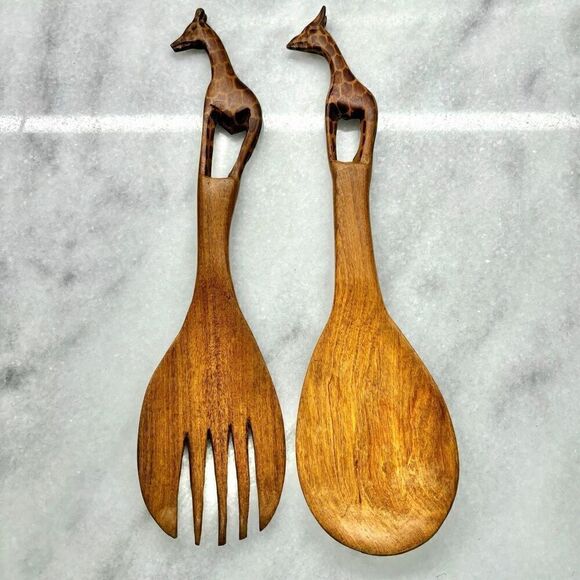 Handcarved African Flat Wooden Giraffe Spoon And Fork Salad Server Set Tan OS - Picture 1 of 2